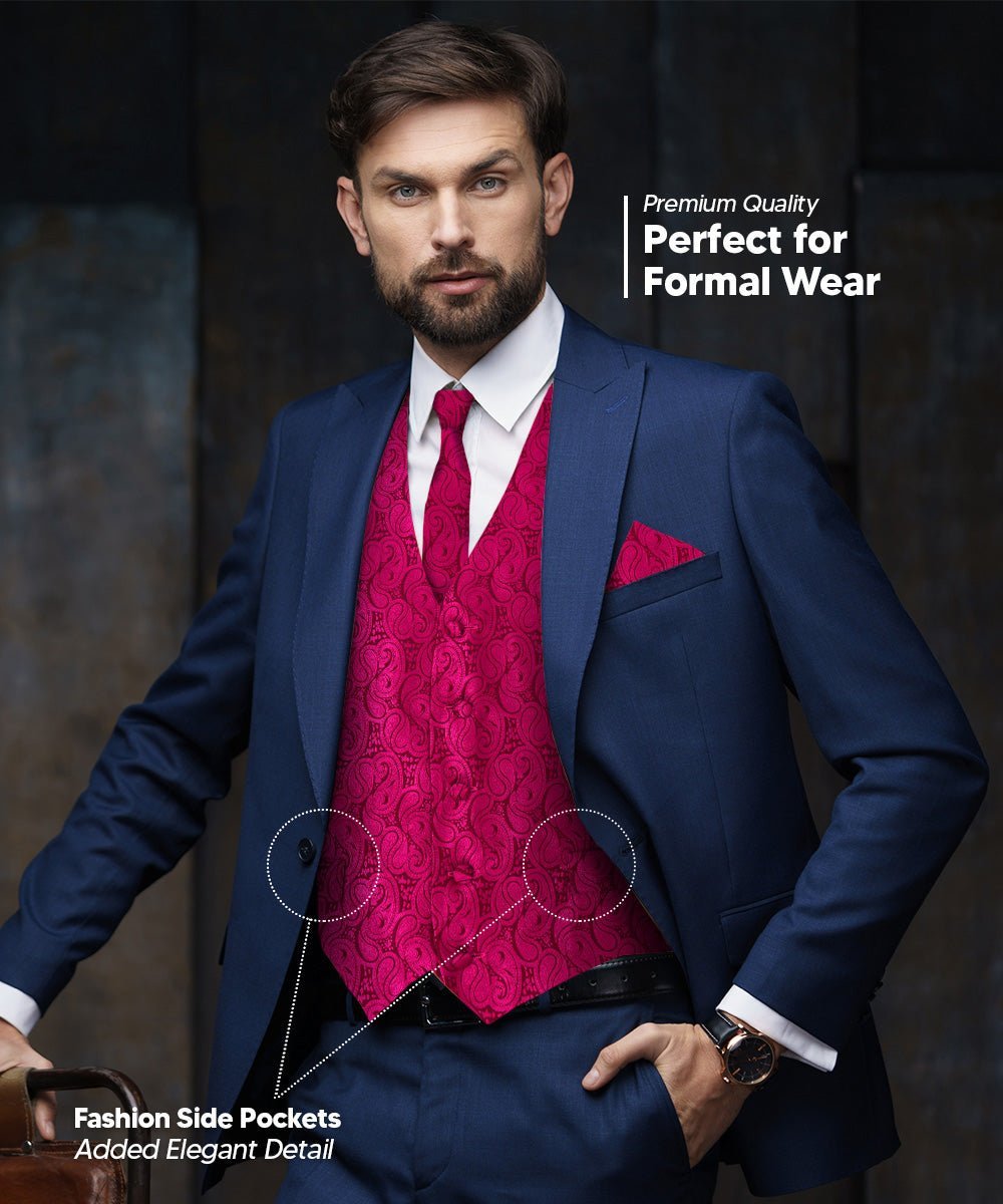 Vittorio Farina Men's Woven Paisley Vest, Necktie, Bow Tie and Pocket Square Set (Black Back) - Suits You Sir - Hot Pink - XS