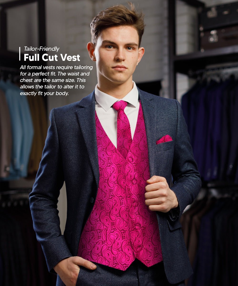 Vittorio Farina Men's Woven Paisley Vest, Necktie, Bow Tie and Pocket Square Set (Black Back) - Suits You Sir - Hot Pink - XS