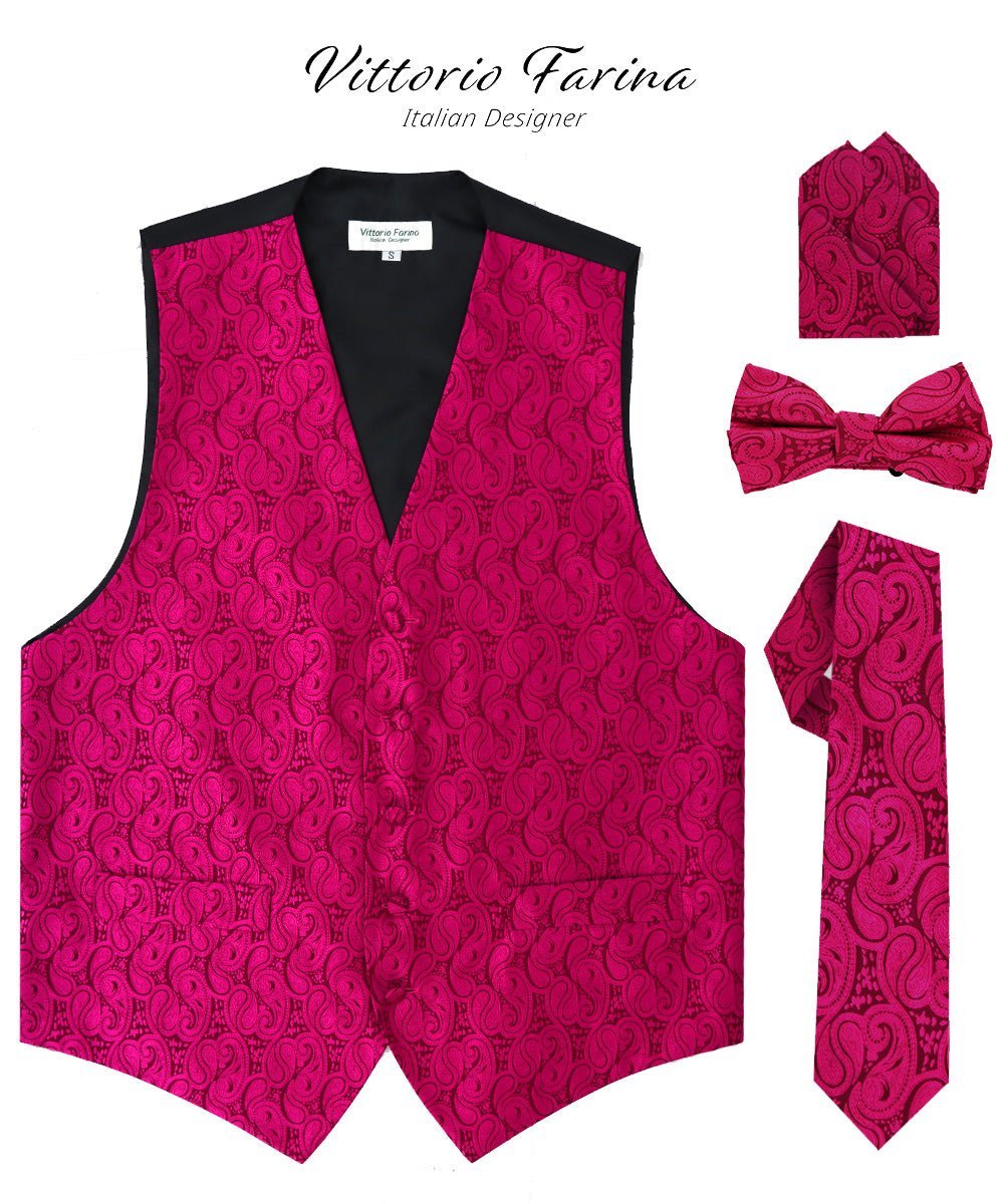 Vittorio Farina Men's Woven Paisley Vest, Necktie, Bow Tie and Pocket Square Set (Black Back) - Suits You Sir - Hot Pink - XS