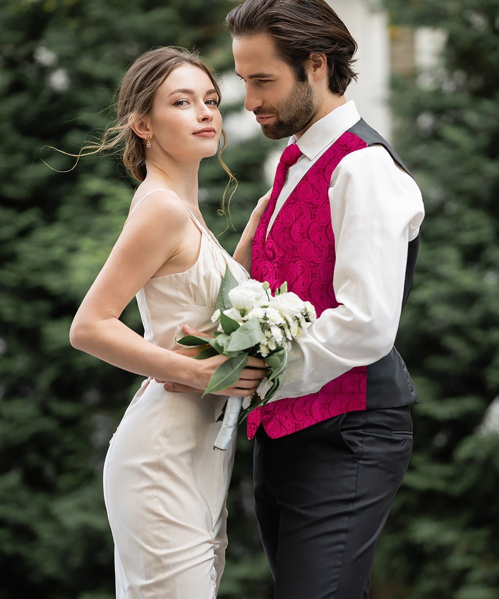 Vittorio Farina Men's Woven Paisley Vest, Necktie, Bow Tie and Pocket Square Set (Black Back) - Suits You Sir - Hot Pink - XS