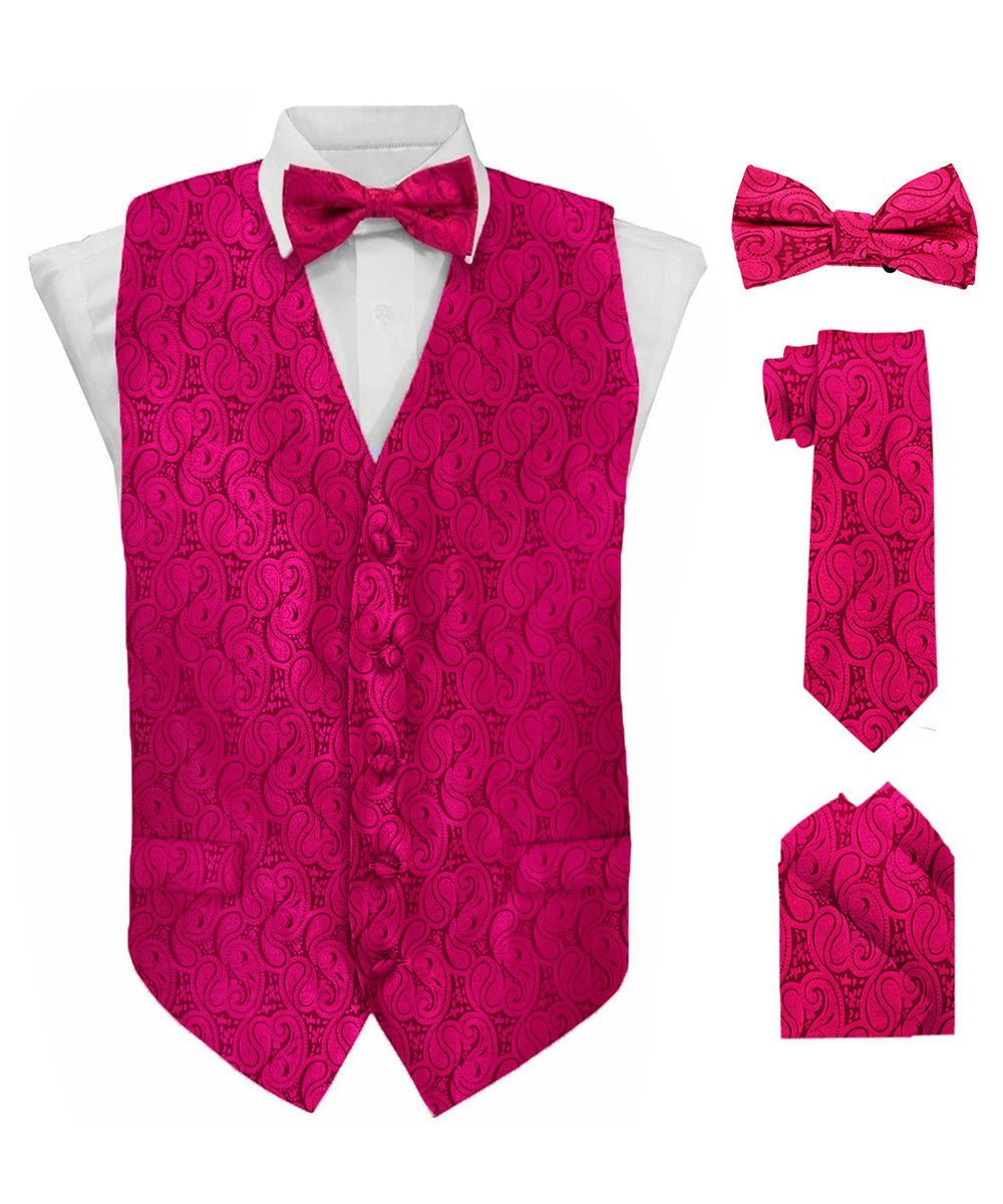 Vittorio Farina Men's Woven Paisley Vest, Necktie, Bow Tie and Pocket Square Set (Black Back) - Suits You Sir - Hot Pink - XS