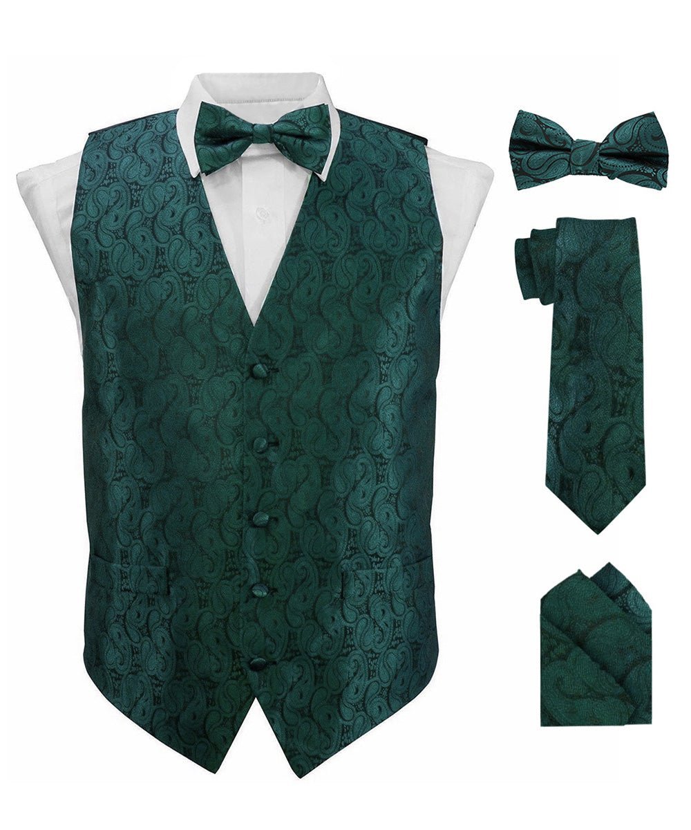 Vittorio Farina Men's Woven Paisley Vest, Necktie, Bow Tie and Pocket Square Set (Black Back) - Suits You Sir - Hunter Green - XS