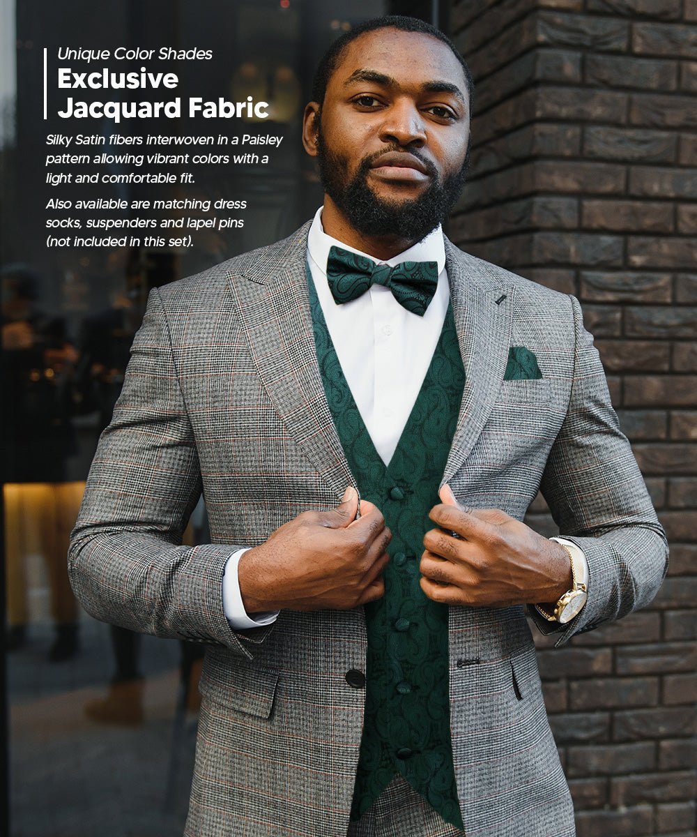 Vittorio Farina Men's Woven Paisley Vest, Necktie, Bow Tie and Pocket Square Set (Black Back) - Suits You Sir - Hunter Green - XS