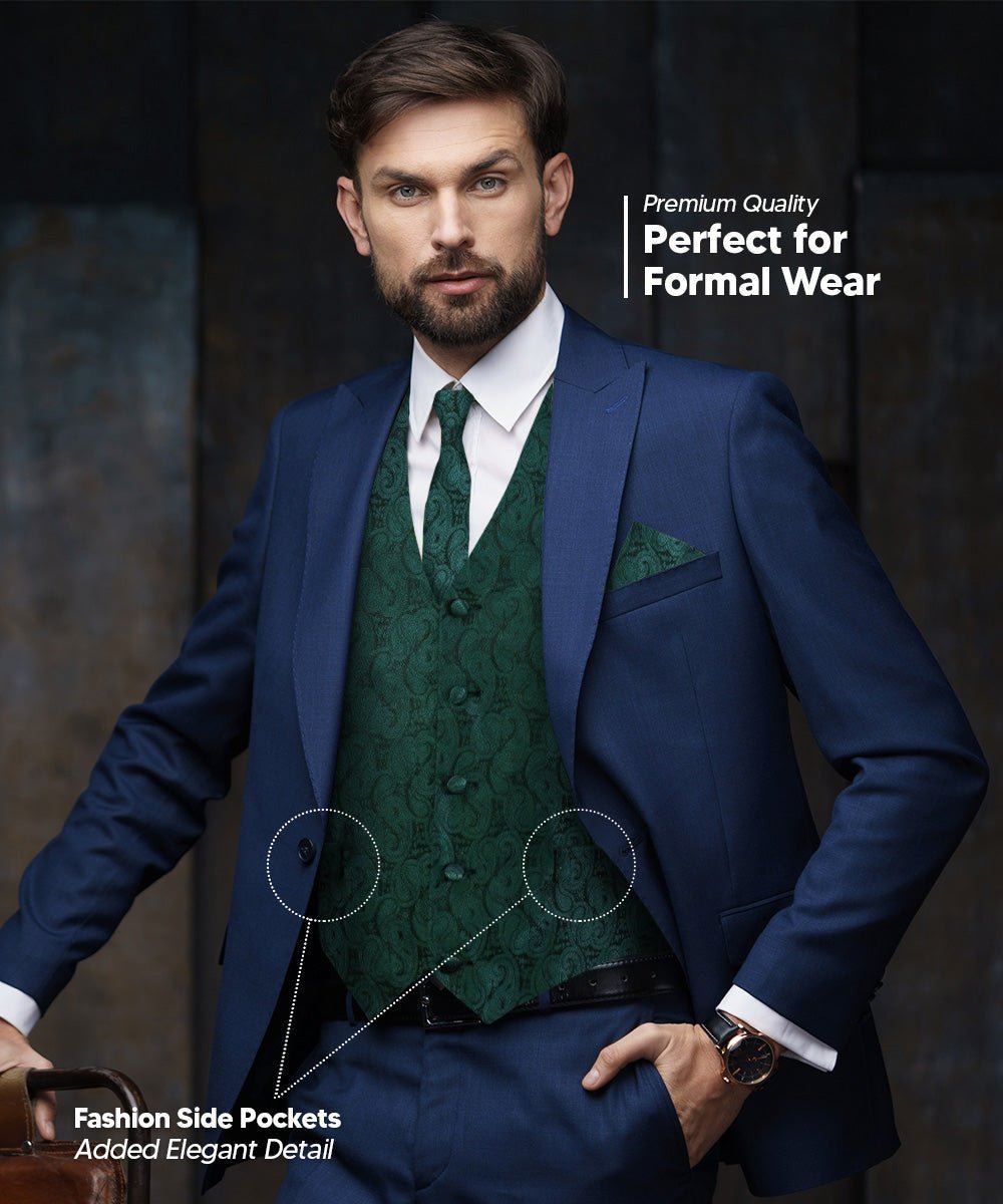 Vittorio Farina Men's Woven Paisley Vest, Necktie, Bow Tie and Pocket Square Set (Black Back) - Suits You Sir - Hunter Green - XS