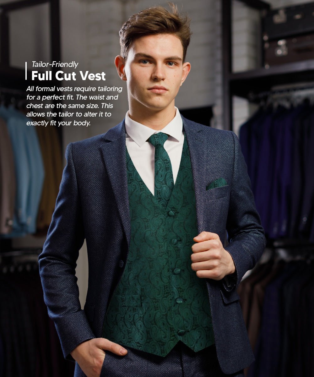 Vittorio Farina Men's Woven Paisley Vest, Necktie, Bow Tie and Pocket Square Set (Black Back) - Suits You Sir - Hunter Green - XS