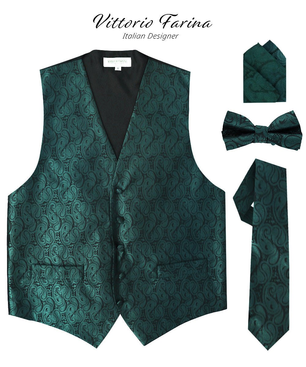 Vittorio Farina Men's Woven Paisley Vest, Necktie, Bow Tie and Pocket Square Set (Black Back) - Suits You Sir - Hunter Green - XS