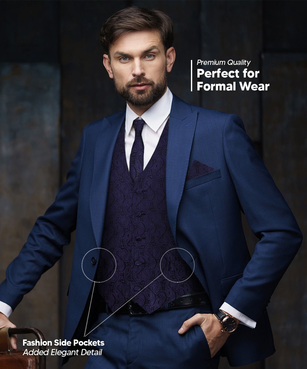 Vittorio Farina Men's Woven Paisley Vest, Necktie, Bow Tie and Pocket Square Set (Black Back) - Suits You Sir - Navy Blue - XS