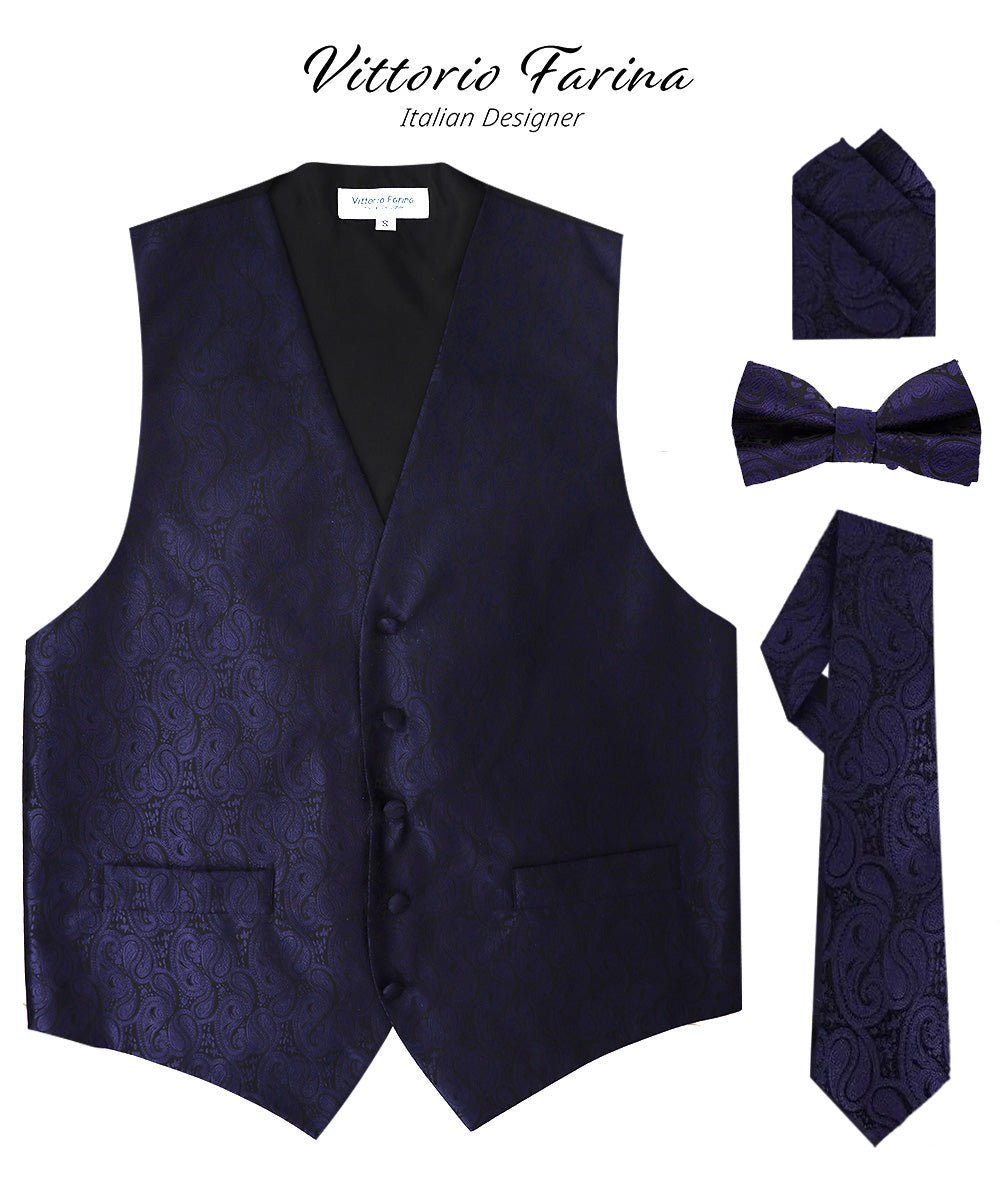 Vittorio Farina Men's Woven Paisley Vest, Necktie, Bow Tie and Pocket Square Set (Black Back) - Suits You Sir - Navy Blue - XS