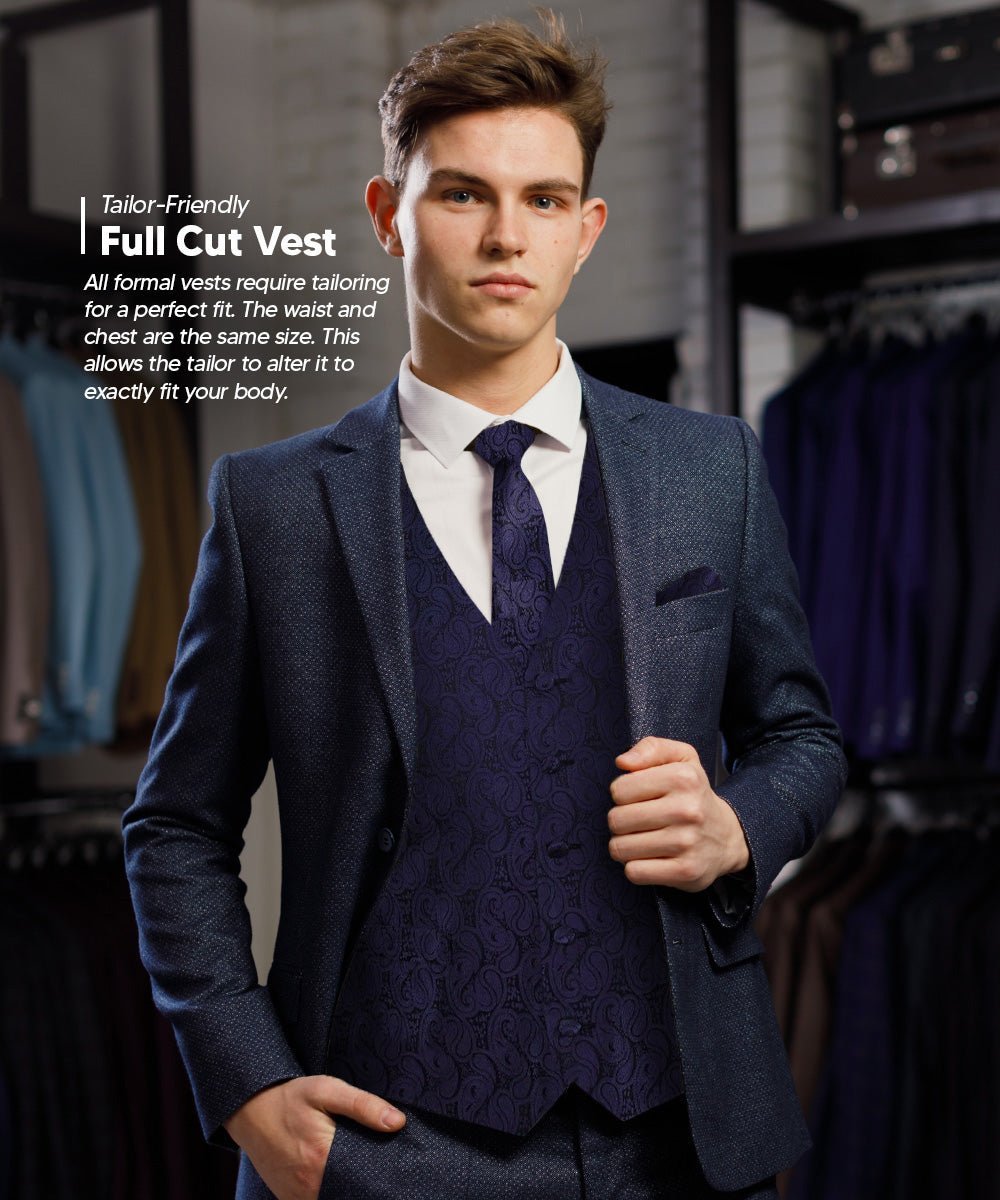 Vittorio Farina Men's Woven Paisley Vest, Necktie, Bow Tie and Pocket Square Set (Black Back) - Suits You Sir - Navy Blue - XS