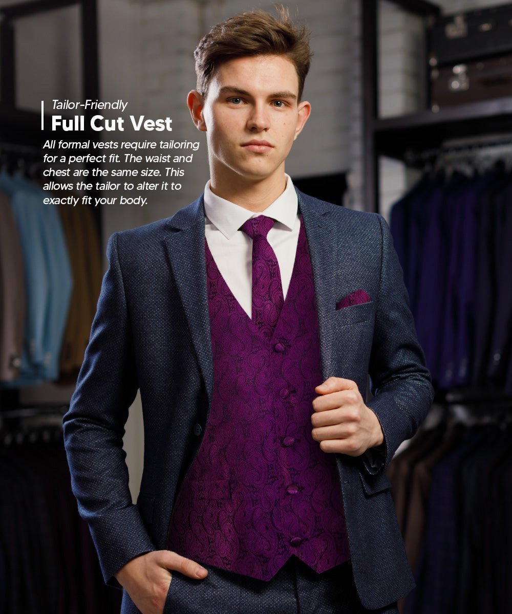 Vittorio Farina Men's Woven Paisley Vest, Necktie, Bow Tie and Pocket Square Set (Black Back) - Suits You Sir - Plum - XS