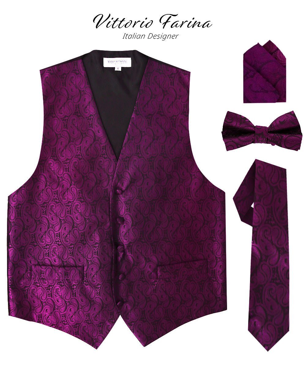 Vittorio Farina Men's Woven Paisley Vest, Necktie, Bow Tie and Pocket Square Set (Black Back) - Suits You Sir - Plum - XS