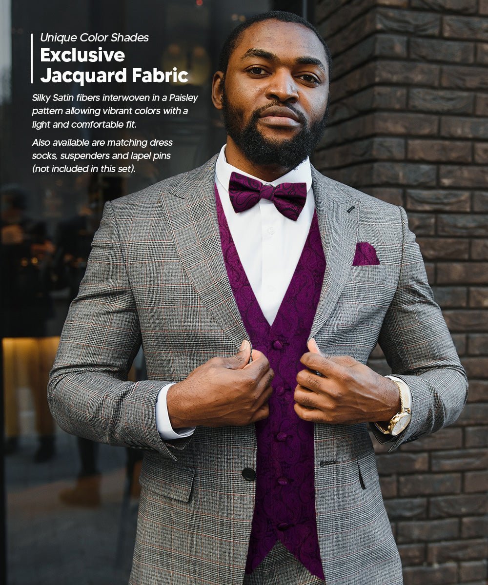 Vittorio Farina Men's Woven Paisley Vest, Necktie, Bow Tie and Pocket Square Set (Black Back) - Suits You Sir - Plum - XS