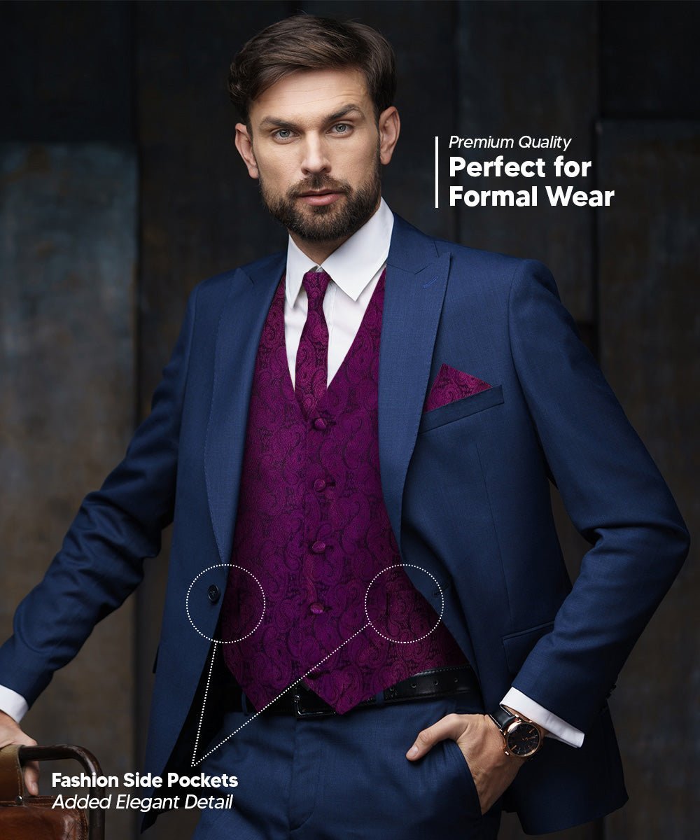 Vittorio Farina Men's Woven Paisley Vest, Necktie, Bow Tie and Pocket Square Set (Black Back) - Suits You Sir - Plum - XS