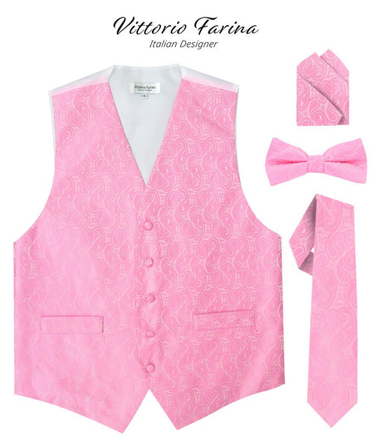 Vittorio Farina Men's Woven Paisley Vest, Necktie, Bow Tie and Pocket Square Set (White Back) - Suits You Sir - Pink - XS