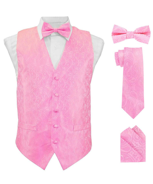 Vittorio Farina Men's Woven Paisley Vest, Necktie, Bow Tie and Pocket Square Set (White Back) - Suits You Sir - Pink - XS