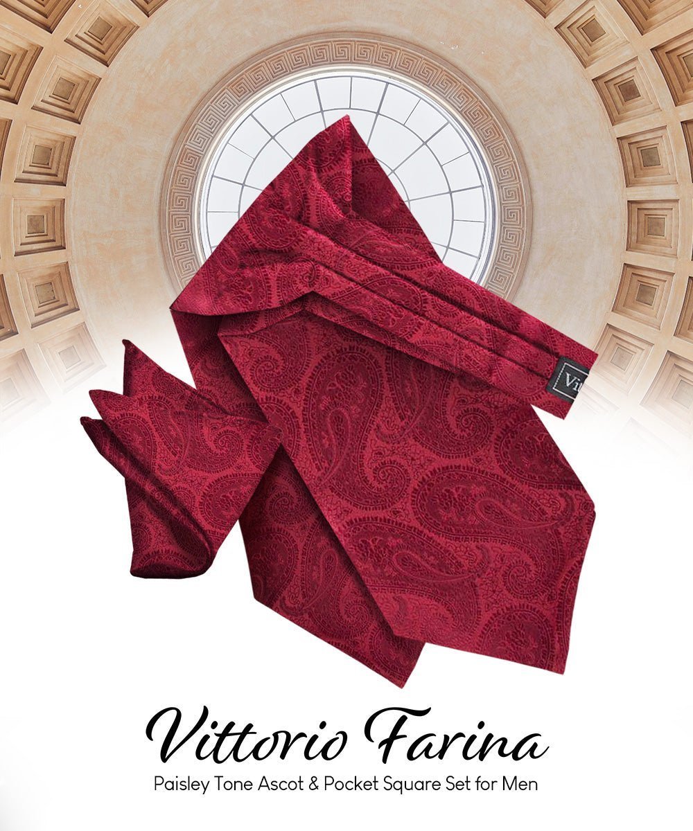Vittorio Farina Men's Woven Pasiley Ascot & Pocket Square - Suits You Sir - Burgundy -
