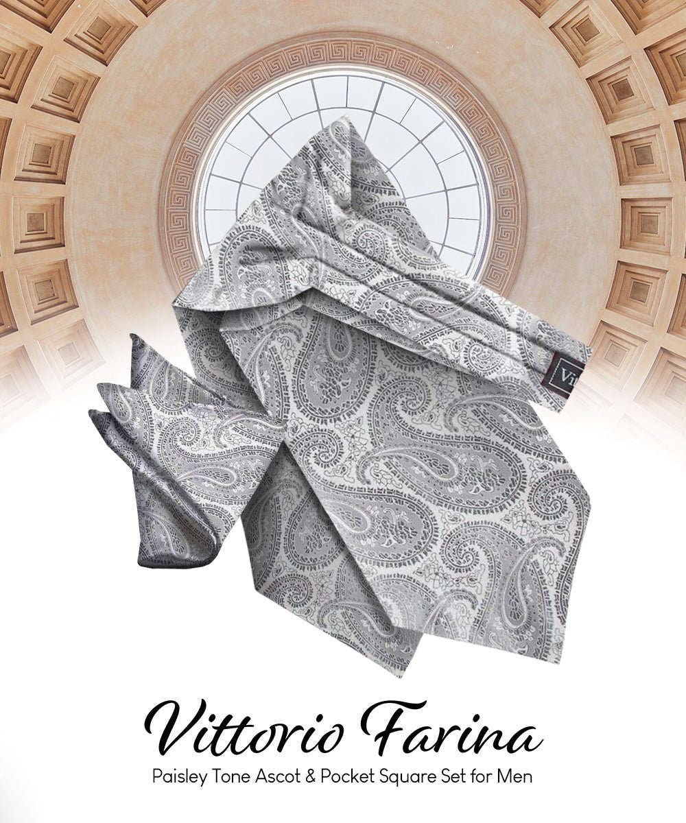 Vittorio Farina Men's Woven Pasiley Ascot & Pocket Square - Suits You Sir - Silver -