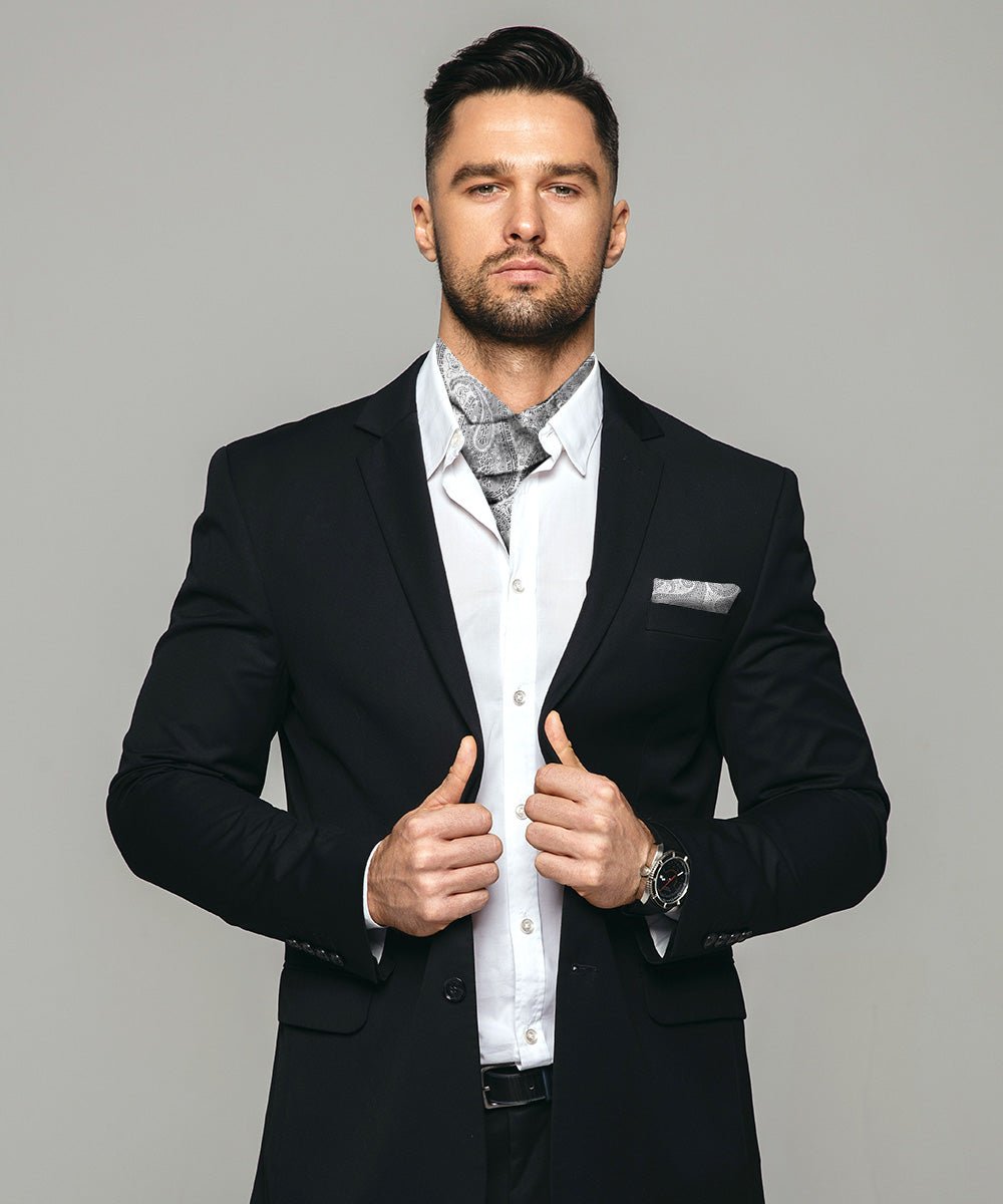 Vittorio Farina Men's Woven Pasiley Ascot & Pocket Square - Suits You Sir - Silver -