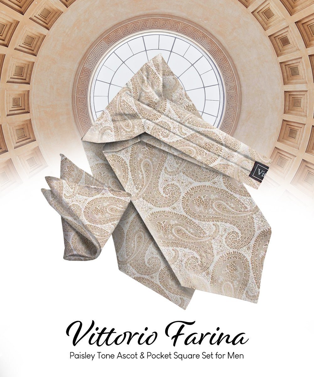 Vittorio Farina Men's Woven Pasiley Ascot & Pocket Square - Suits You Sir - Taupe -