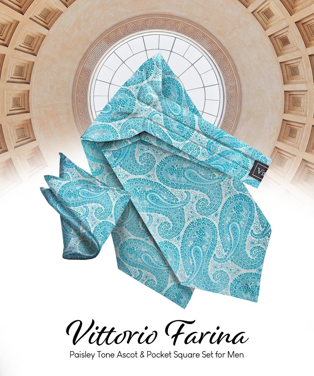 Vittorio Farina Men's Woven Pasiley Ascot & Pocket Square - Suits You Sir - Turquoise -
