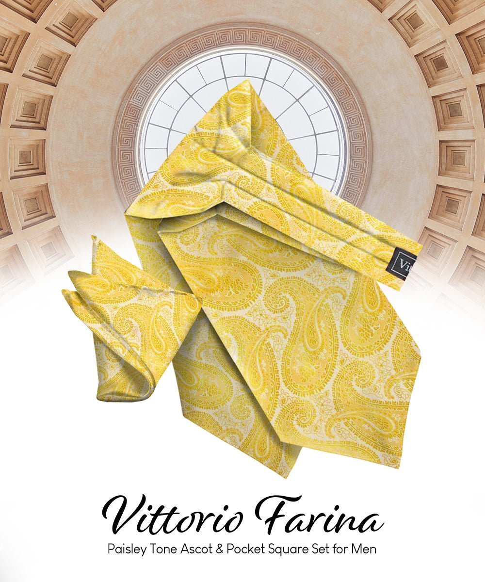 Vittorio Farina Men's Woven Pasiley Ascot & Pocket Square - Suits You Sir - Yellow -