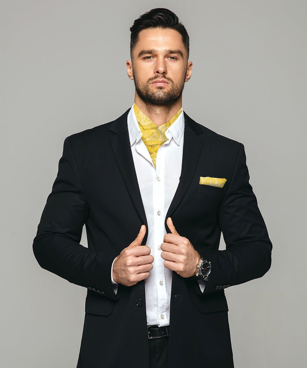 Vittorio Farina Men's Woven Pasiley Ascot & Pocket Square - Suits You Sir - Yellow -