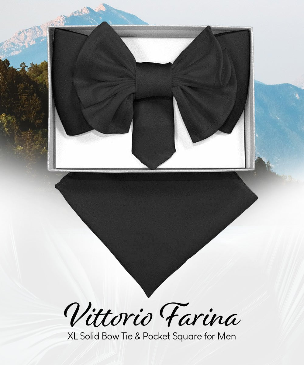 Vittorio Farina Men's XL Solid Satin Bow Tie & Pocket Square in Gift Box - Suits You Sir - Black -