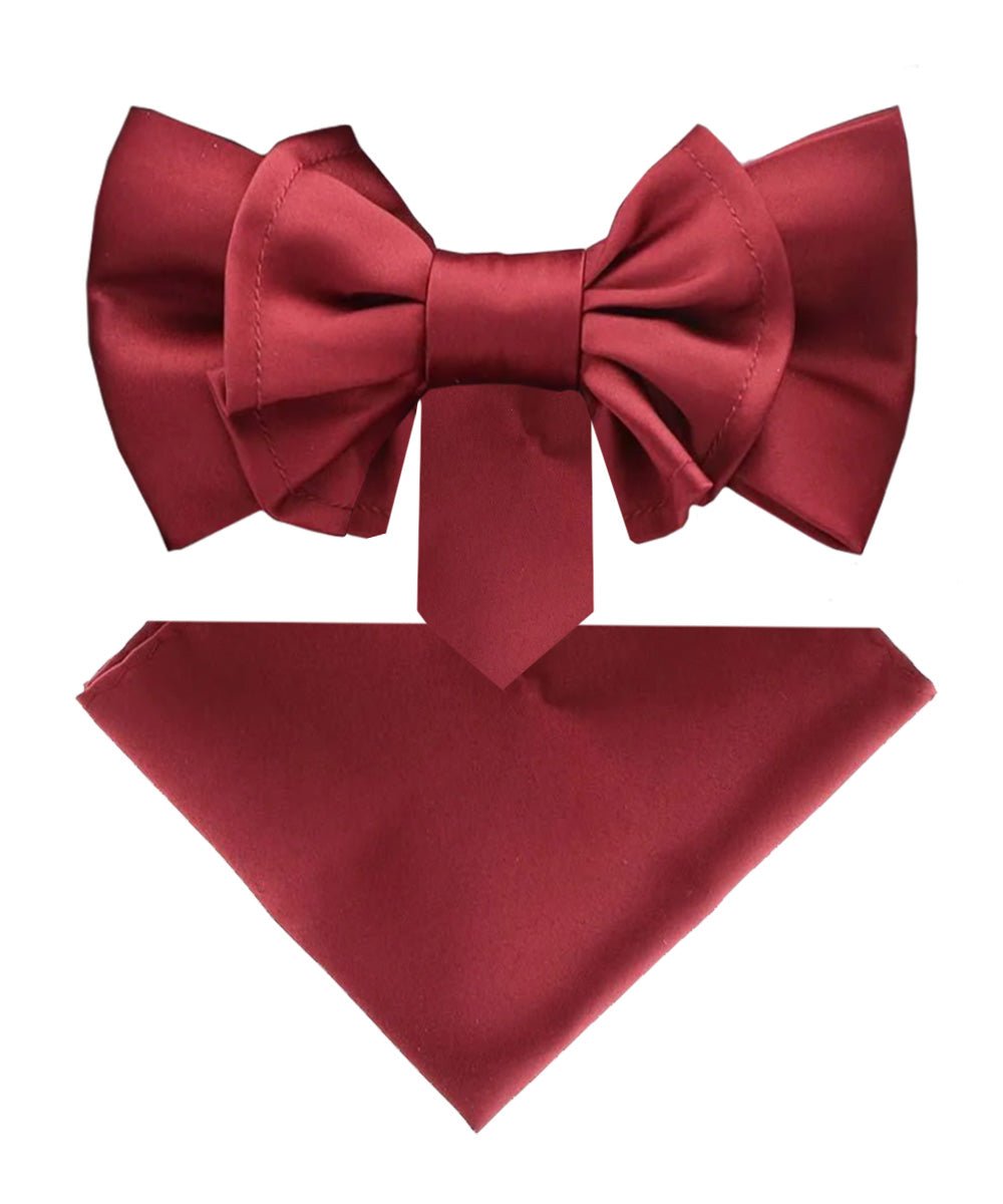 Vittorio Farina Men's XL Solid Satin Bow Tie & Pocket Square in Gift Box - Suits You Sir - Burgundy -