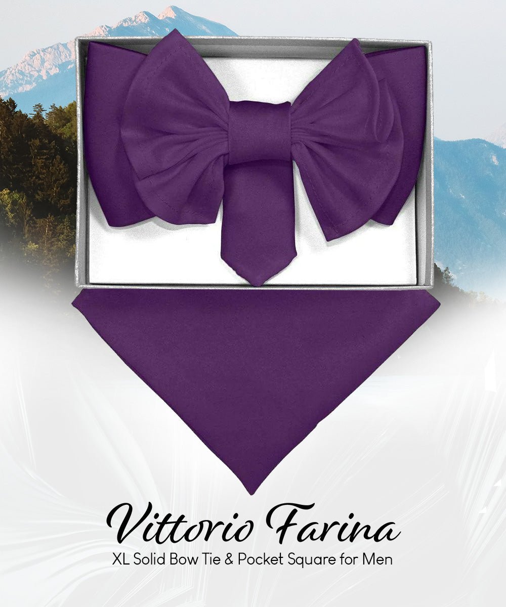 Vittorio Farina Men's XL Solid Satin Bow Tie & Pocket Square in Gift Box - Suits You Sir - Purple -