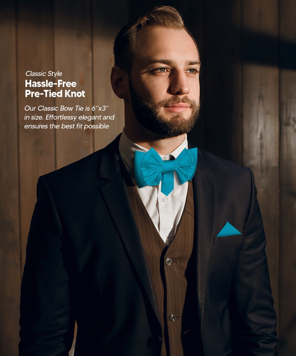 Vittorio Farina Men's XL Solid Satin Bow Tie & Pocket Square in Gift Box - Suits You Sir - Turquoise -