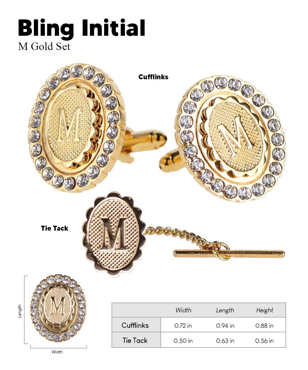 Vittorio Vico Bling Initial Cufflinks & Tie Tack Set in Gift Box - Suits You Sir - Gold - M