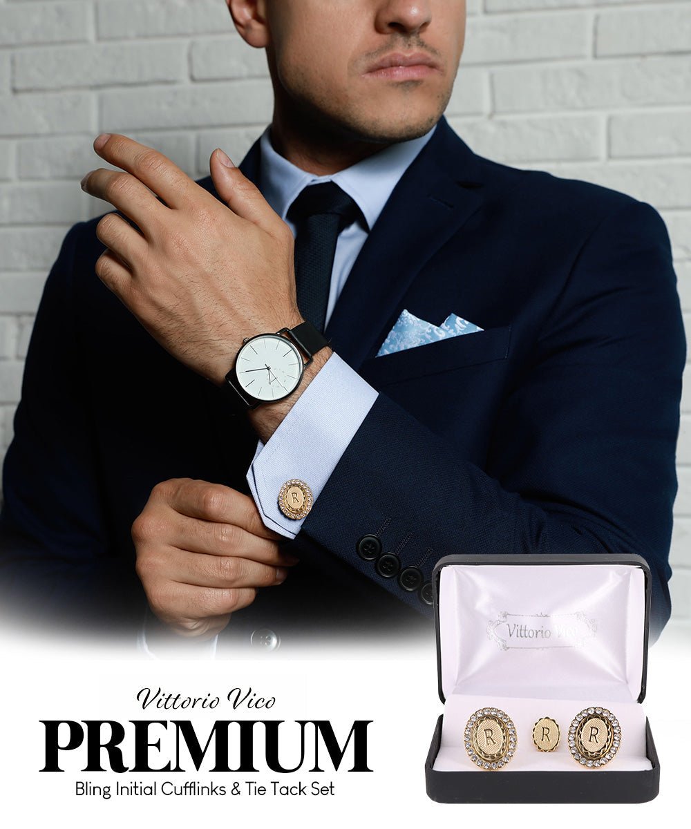 Vittorio Vico Bling Initial Cufflinks & Tie Tack Set in Gift Box - Suits You Sir - Gold - R