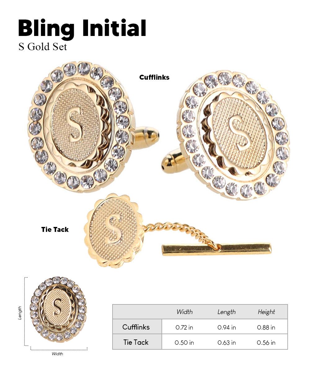 Vittorio Vico Bling Initial Cufflinks & Tie Tack Set in Gift Box - Suits You Sir - Gold - S