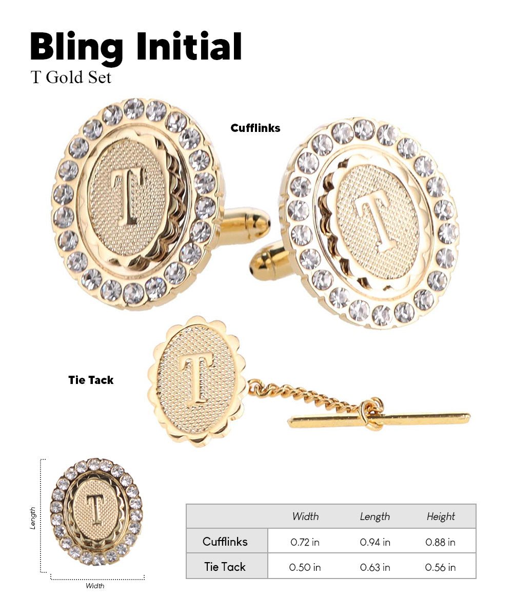 Vittorio Vico Bling Initial Cufflinks & Tie Tack Set in Gift Box - Suits You Sir - Gold - T