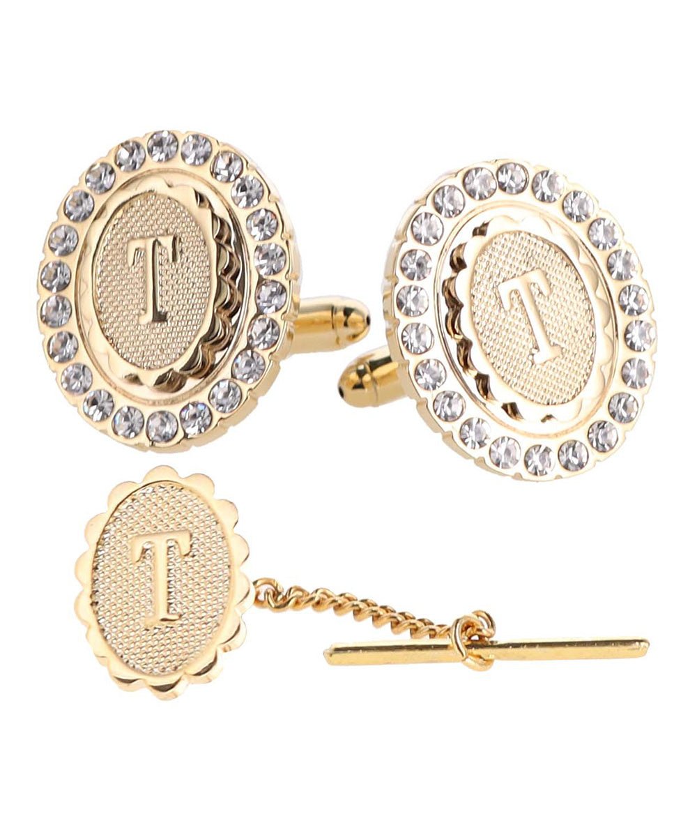 Vittorio Vico Bling Initial Cufflinks & Tie Tack Set in Gift Box - Suits You Sir - Gold - T