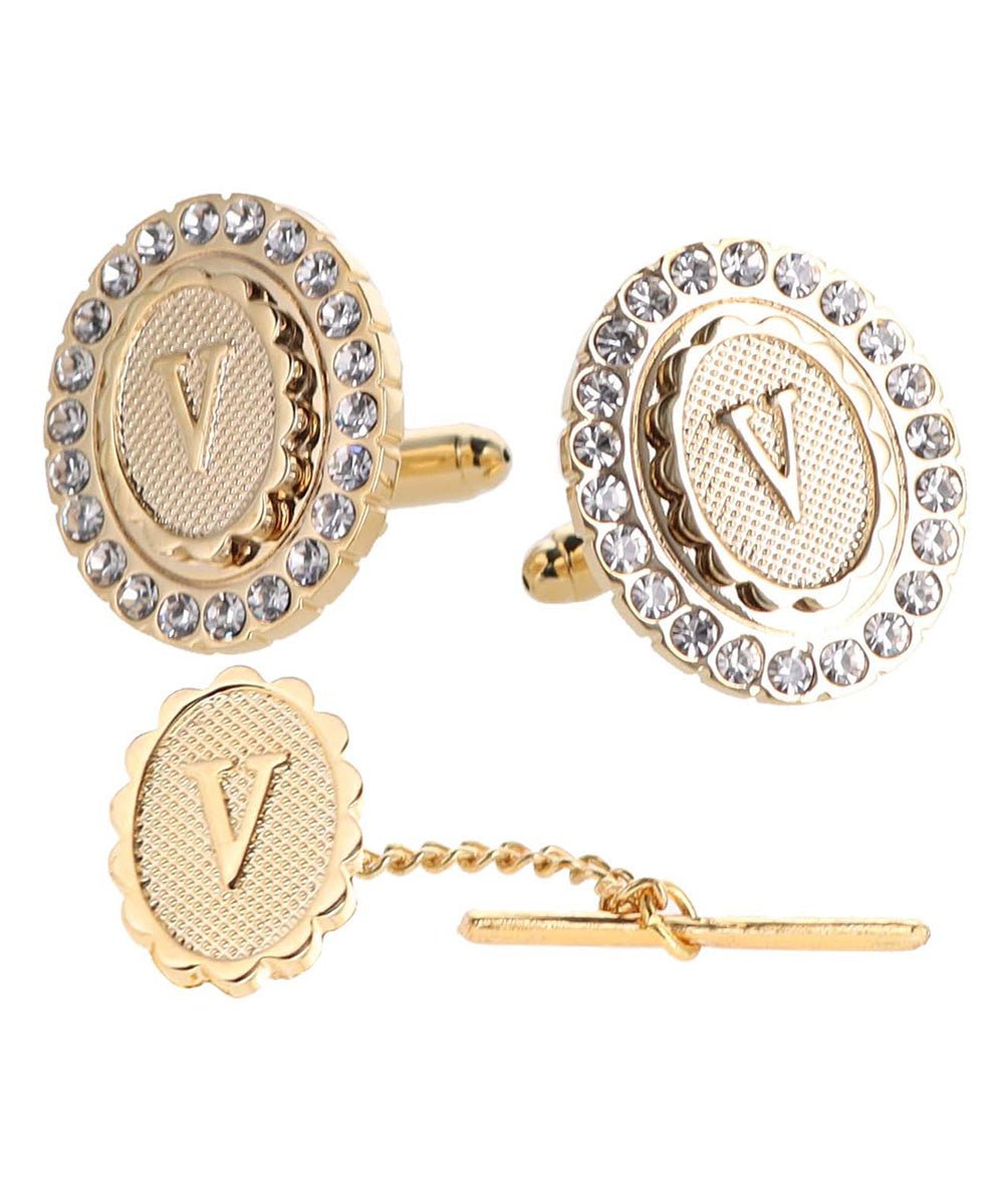 Vittorio Vico Bling Initial Cufflinks & Tie Tack Set in Gift Box - Suits You Sir - Gold - V