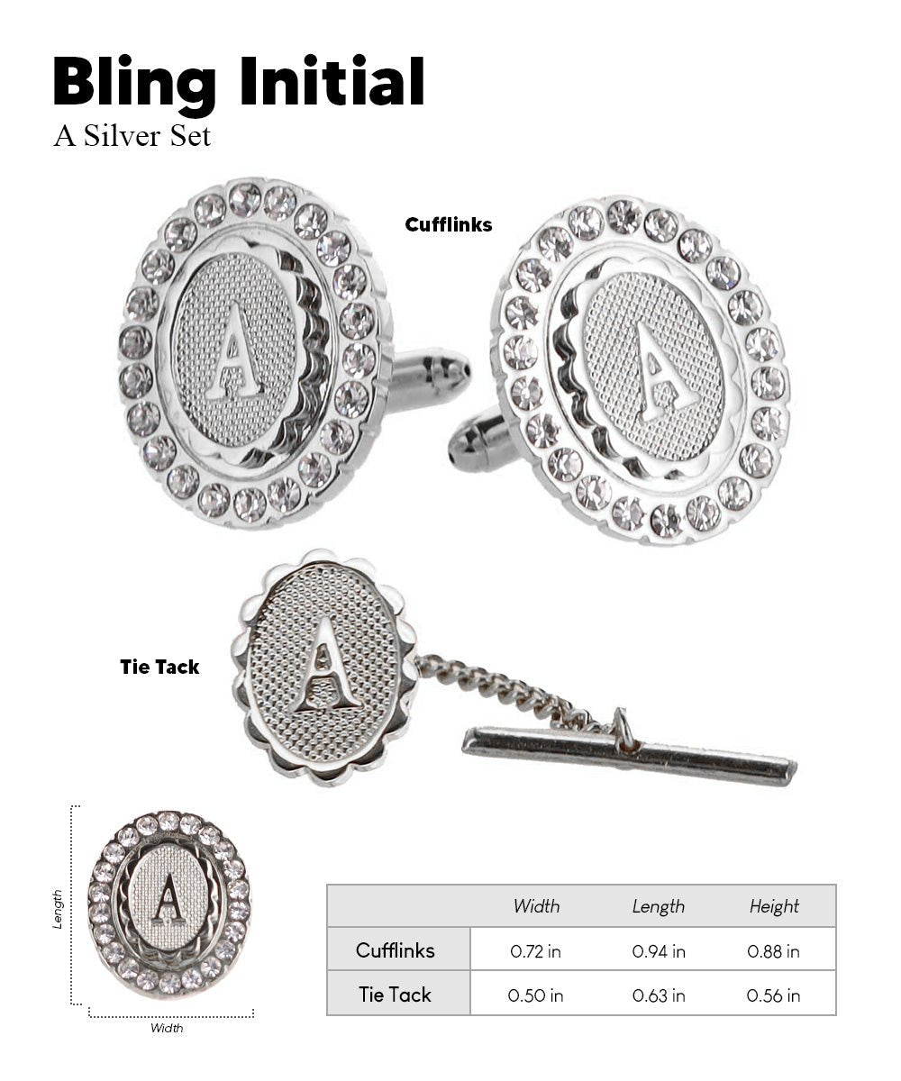 Vittorio Vico Bling Initial Cufflinks & Tie Tack Set in Gift Box - Suits You Sir - Silver - A