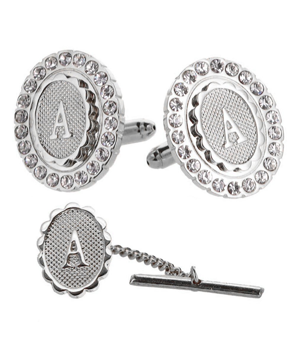 Vittorio Vico Bling Initial Cufflinks & Tie Tack Set in Gift Box - Suits You Sir - Silver - A