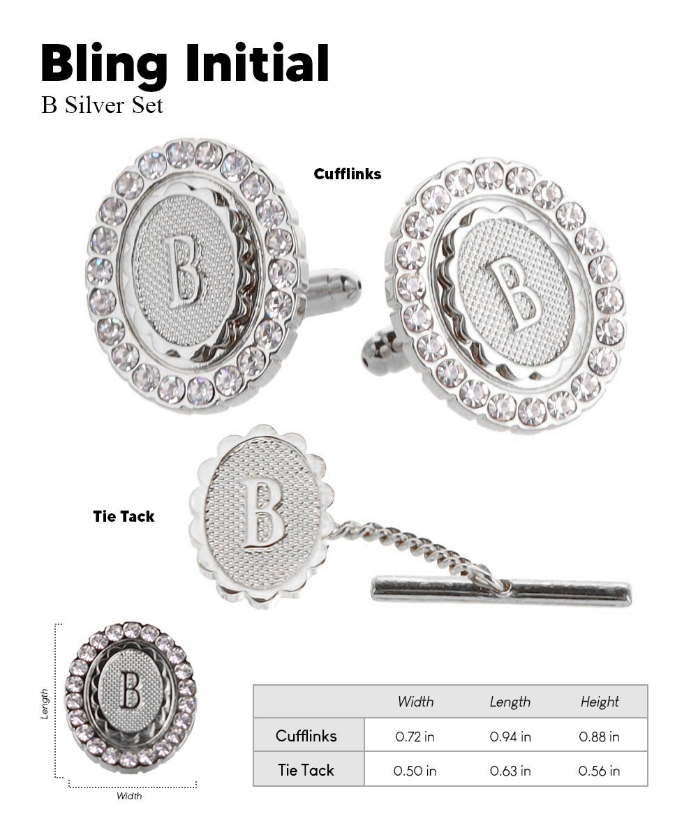 Vittorio Vico Bling Initial Cufflinks & Tie Tack Set in Gift Box - Suits You Sir - Silver - B