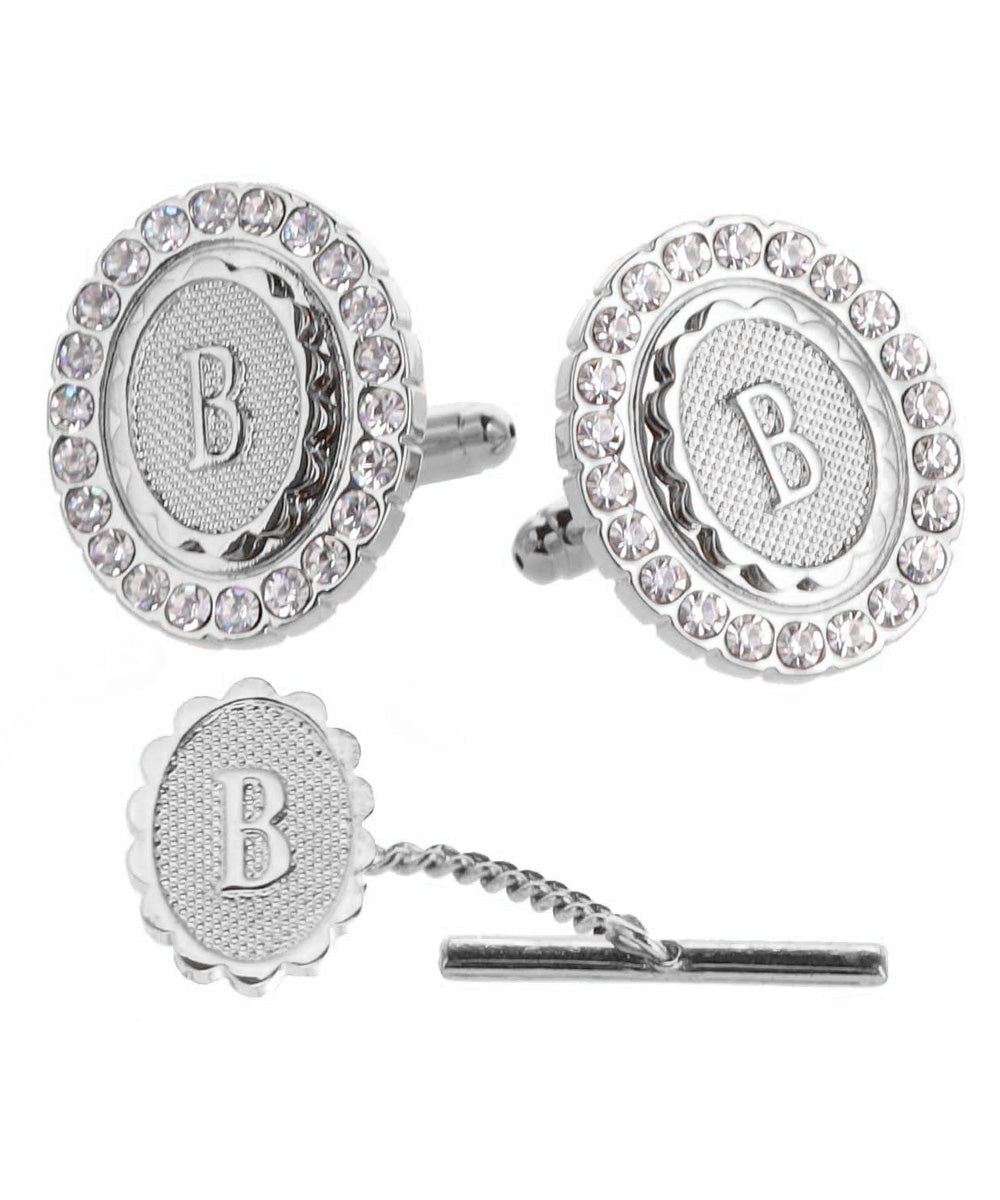 Vittorio Vico Bling Initial Cufflinks & Tie Tack Set in Gift Box - Suits You Sir - Silver - B