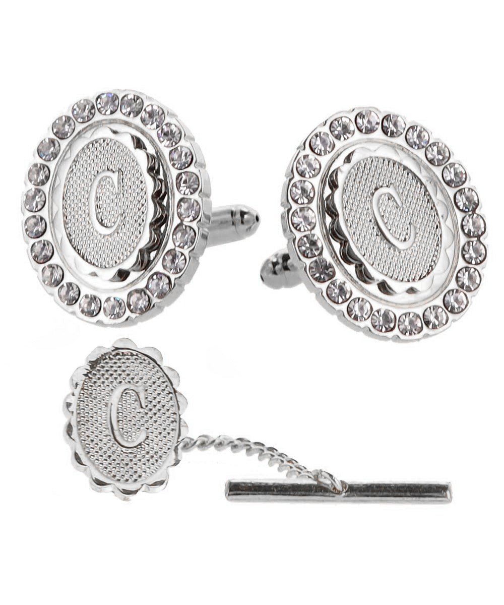 Vittorio Vico Bling Initial Cufflinks & Tie Tack Set in Gift Box - Suits You Sir - Silver - C