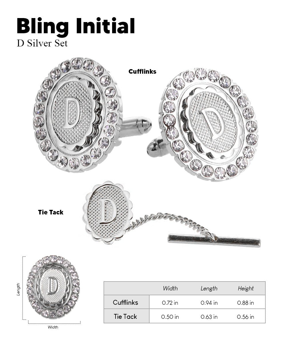 Vittorio Vico Bling Initial Cufflinks & Tie Tack Set in Gift Box - Suits You Sir - Silver - D