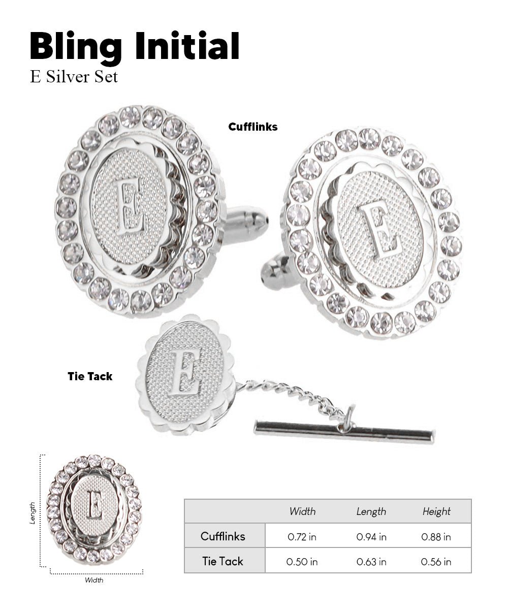 Vittorio Vico Bling Initial Cufflinks & Tie Tack Set in Gift Box - Suits You Sir - Silver - E