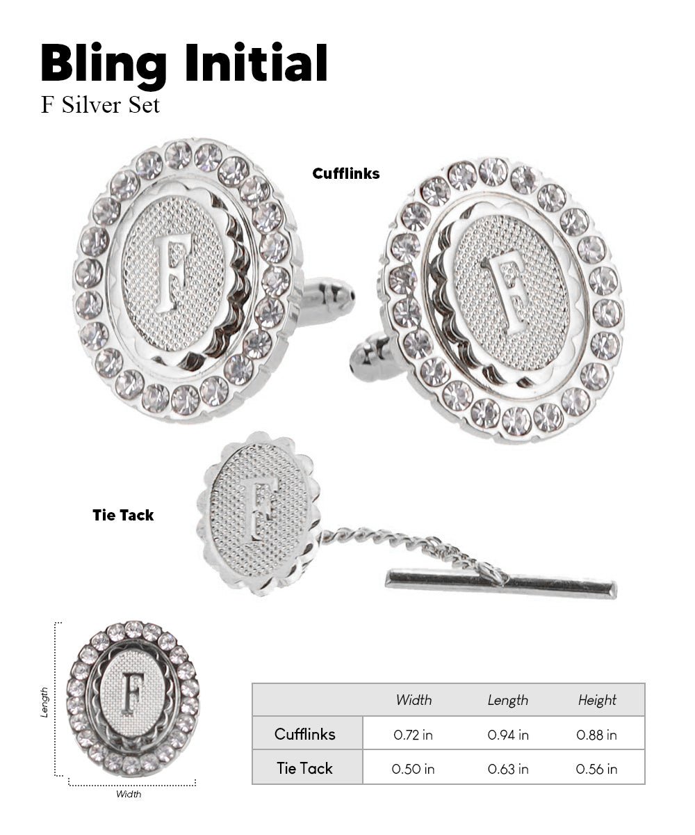 Vittorio Vico Bling Initial Cufflinks & Tie Tack Set in Gift Box - Suits You Sir - Silver - F