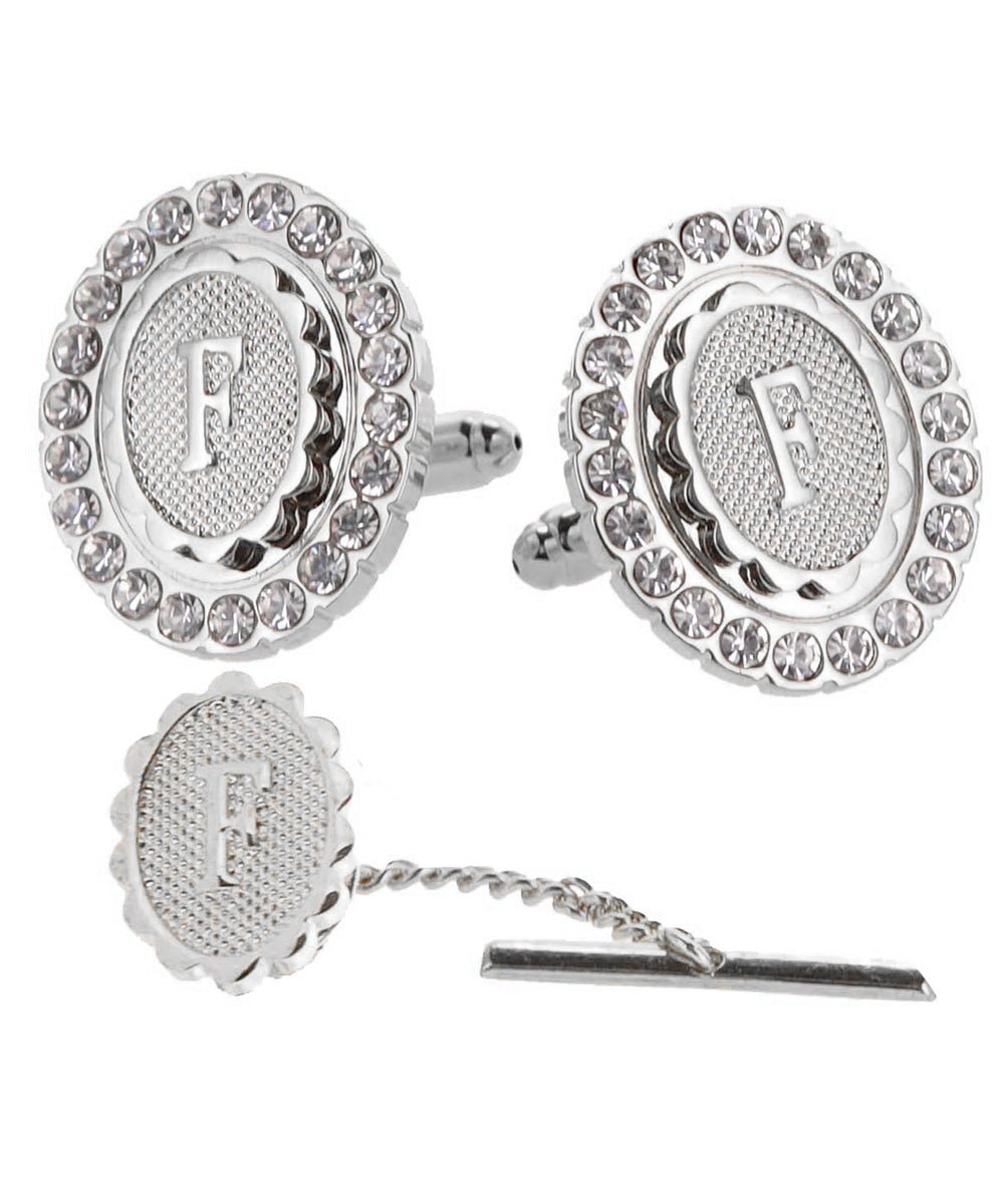 Vittorio Vico Bling Initial Cufflinks & Tie Tack Set in Gift Box - Suits You Sir - Silver - F