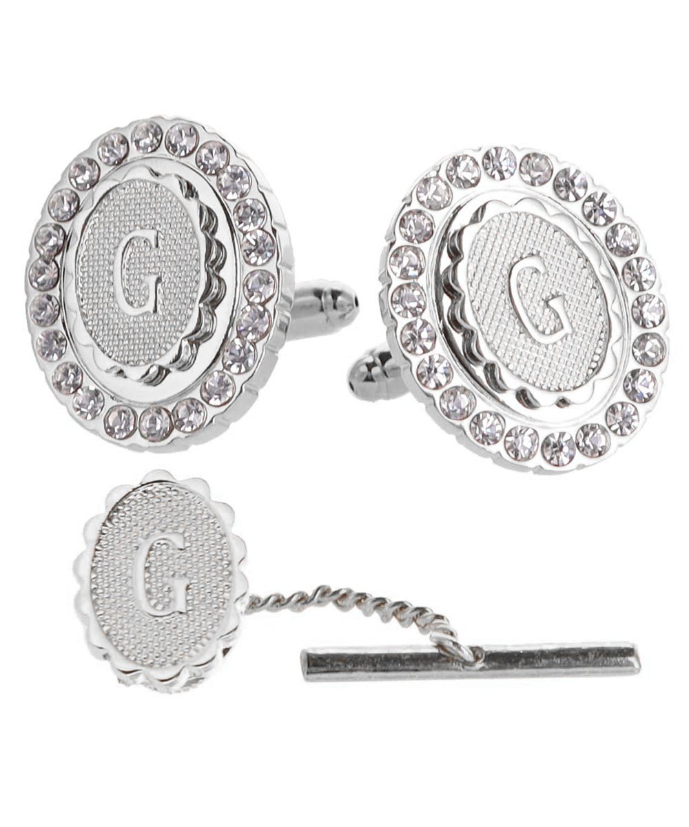 Vittorio Vico Bling Initial Cufflinks & Tie Tack Set in Gift Box - Suits You Sir - Silver - G