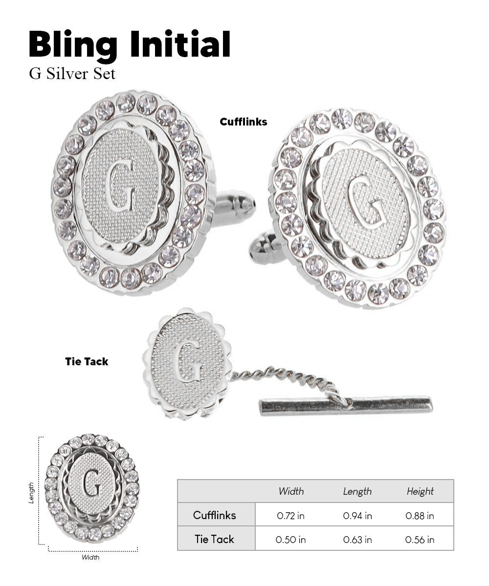 Vittorio Vico Bling Initial Cufflinks & Tie Tack Set in Gift Box - Suits You Sir - Silver - G