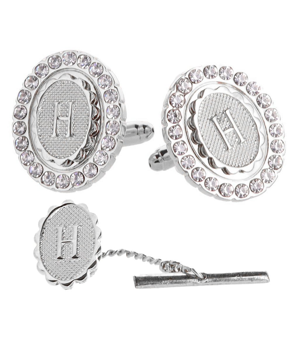 Vittorio Vico Bling Initial Cufflinks & Tie Tack Set in Gift Box - Suits You Sir - Silver - H