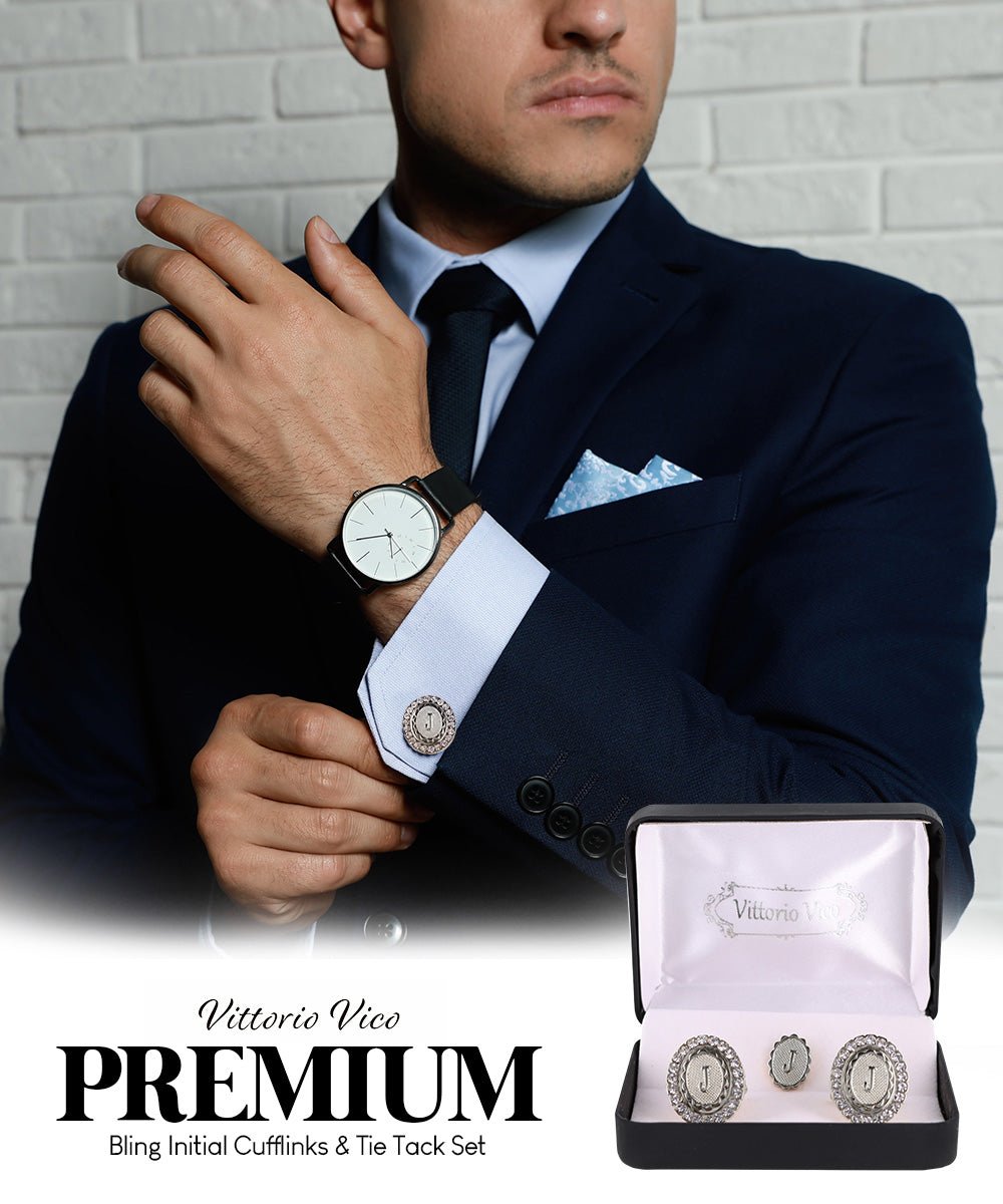 Vittorio Vico Bling Initial Cufflinks & Tie Tack Set in Gift Box - Suits You Sir - Silver - J