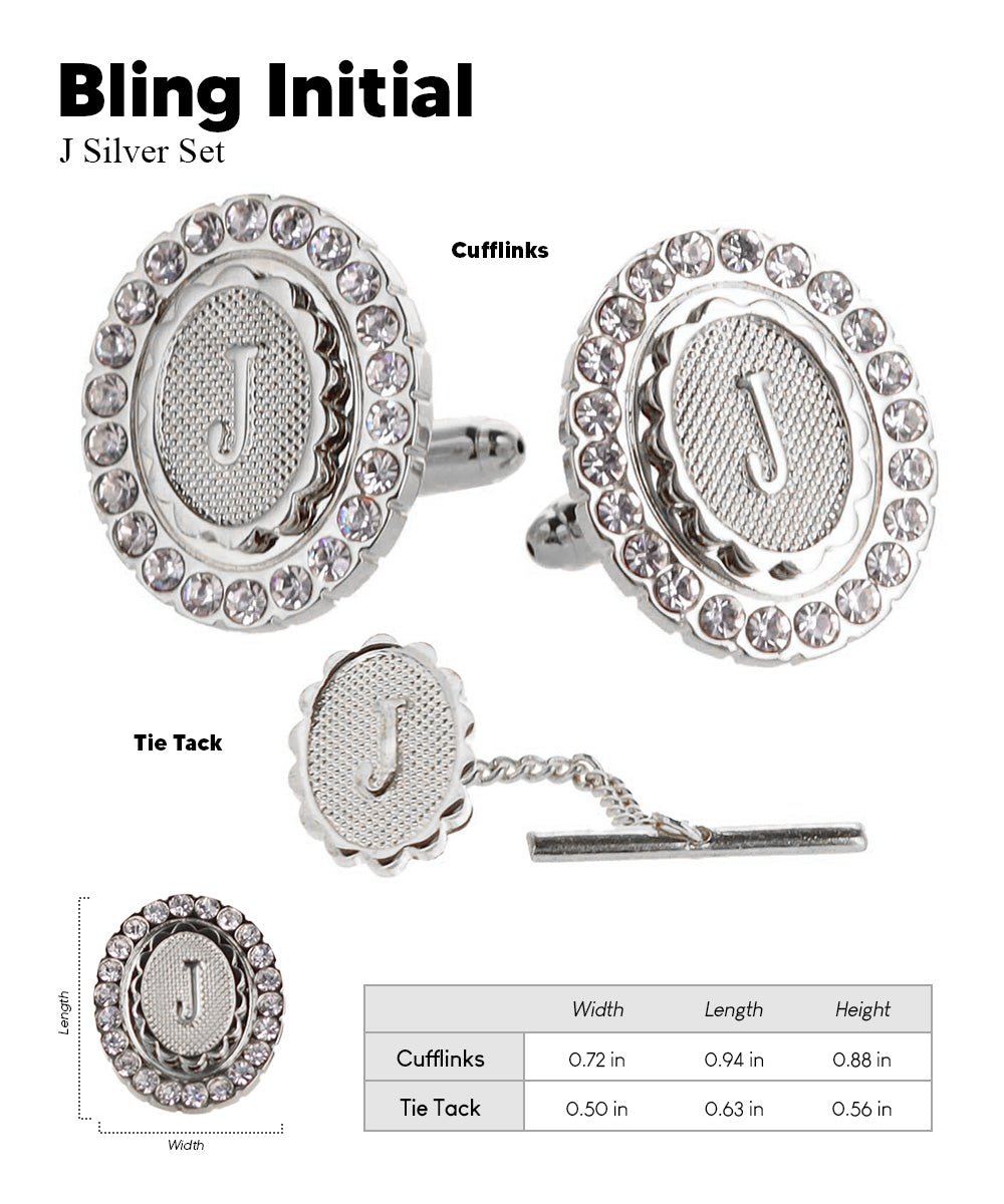 Vittorio Vico Bling Initial Cufflinks & Tie Tack Set in Gift Box - Suits You Sir - Silver - J